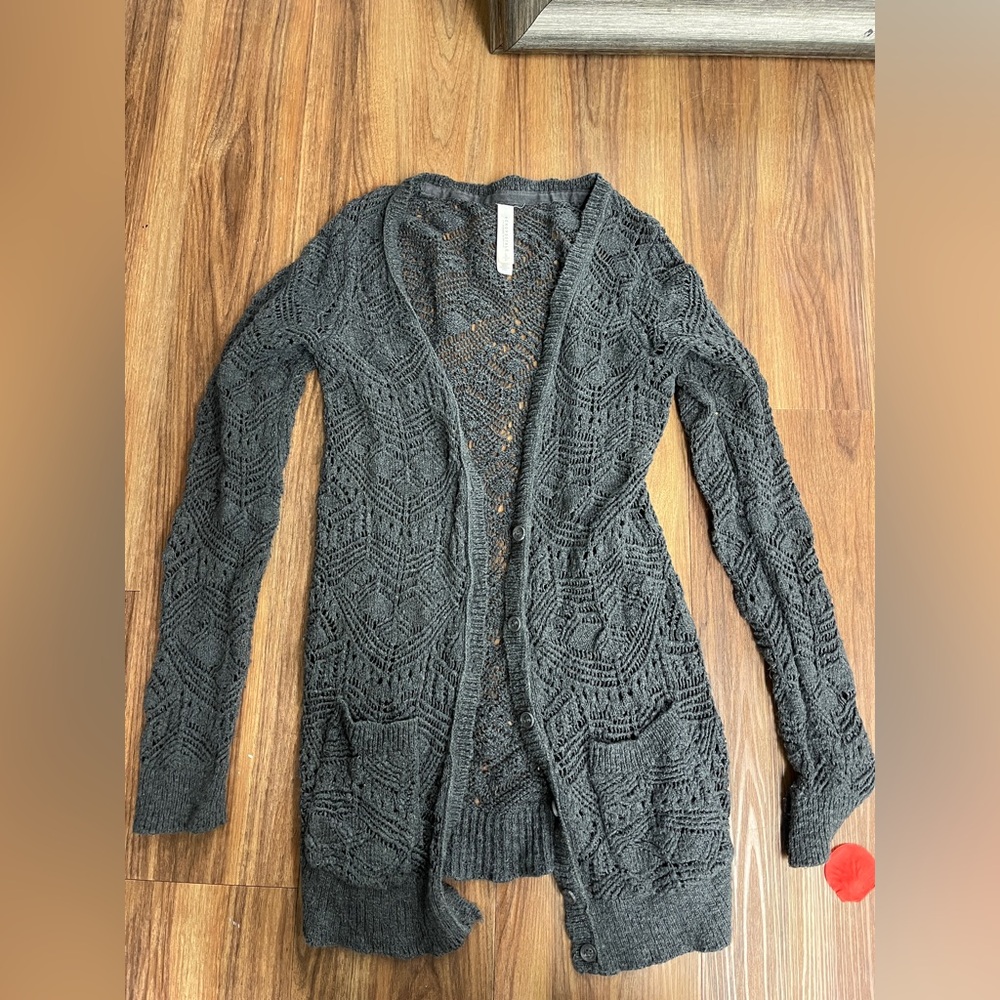 Aeropostale Charcoal Openwork Button-Front Cardigan